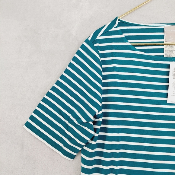 NEW Chico's Women's Striped Teal and White Tie-Front Top P3561 - Picture 4 of 9